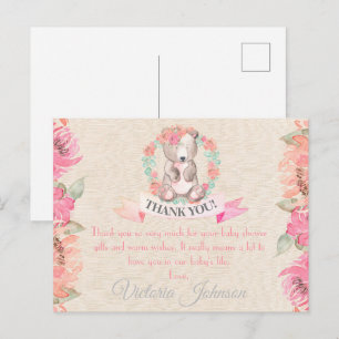 Watercolor Floral Baby Bear Baby Shower Thank You Postcard