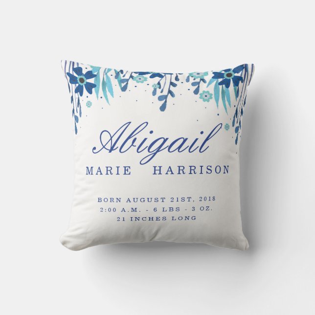 Watercolor Floral Baby Birth Announcement Pillow (Front)
