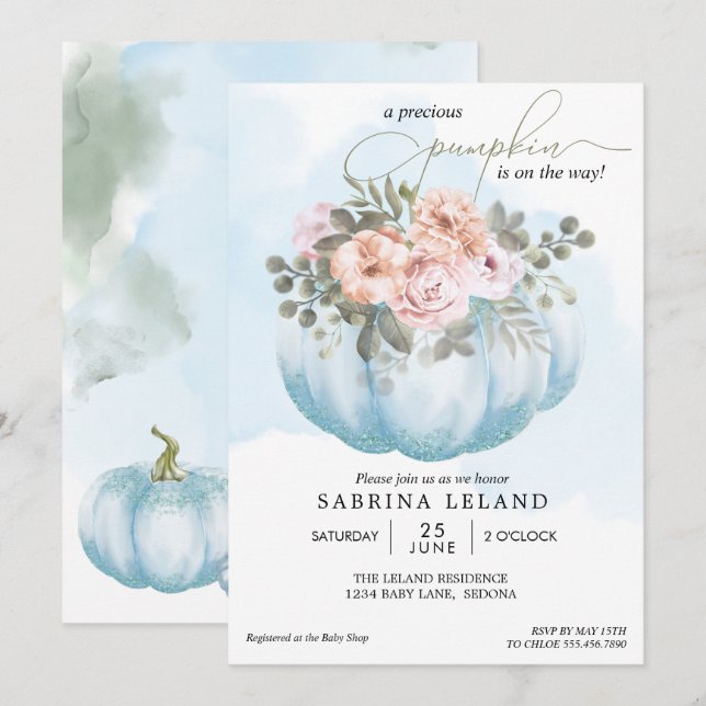 Watercolor Floral Baby Blue Pumpkin Baby Shower Invitation (Front/Back)