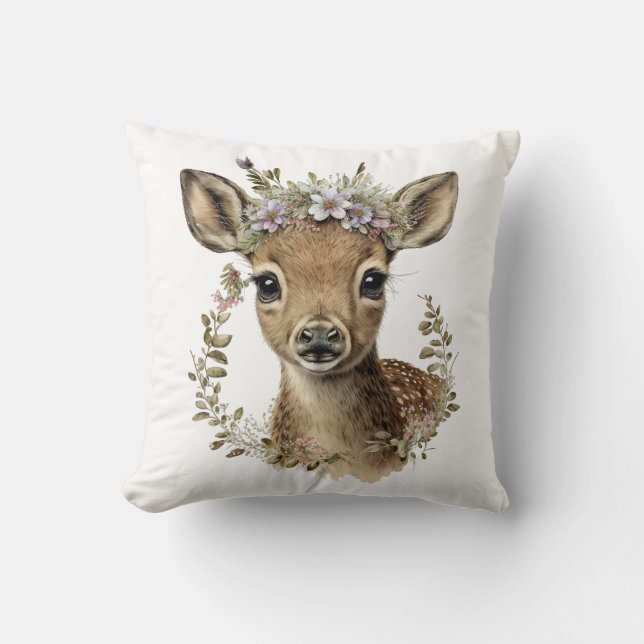 Watercolor Floral Baby Deer Cute Cushion (Front)