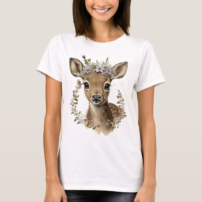 Watercolor Floral Baby Deer Cute T-Shirt (Front)