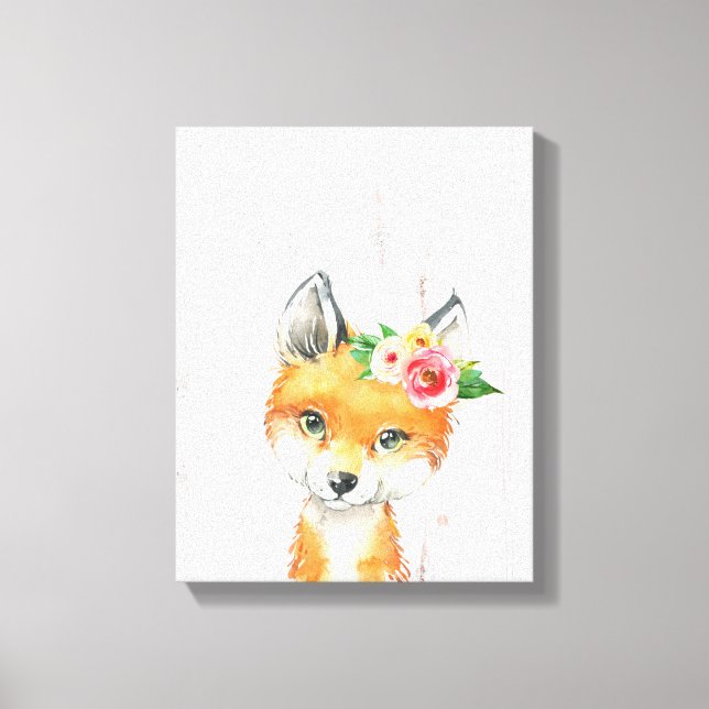 Watercolor Floral Baby Fox, Woodland Animals Canvas Print (Front)