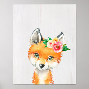 Watercolor Floral Baby Fox, Woodland Animals Poster