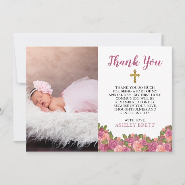 Watercolor Floral Baby Girl Baptism Thank You (Front)