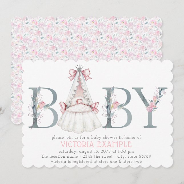Watercolor Floral Baby Girl Shower Invitations (Front/Back)