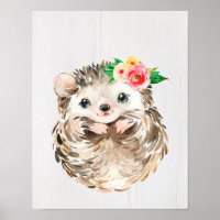 Watercolor Floral Baby Hedgehog, Woodland Animals