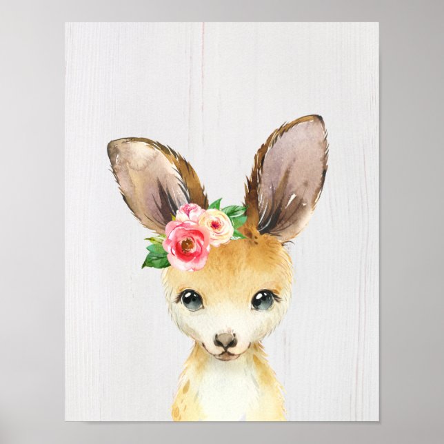 Watercolor Floral Baby Kangaroo Australian Animals Poster (Front)