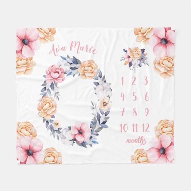 Watercolor Floral Baby Milestone Fleece Blanket (Front (Horizontal))