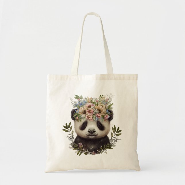 Watercolor Floral Baby Panda Cute Tote Bag (Front)