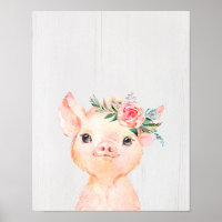 Watercolor Floral Baby Pig