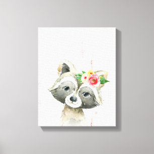 Watercolor Floral Baby Racoon Woodland Animals Canvas Print