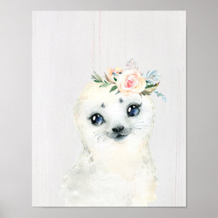 Watercolor Floral Baby Seal Snowy Animals Poster