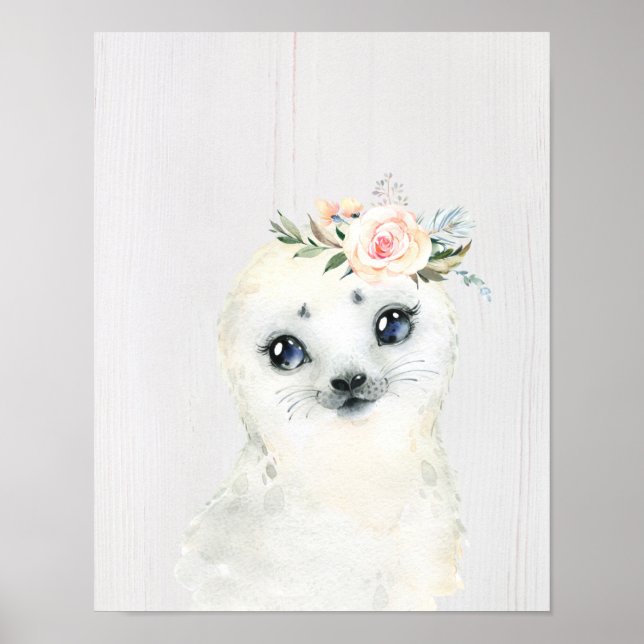 Watercolor Floral Baby Seal Snowy Animals Poster (Front)