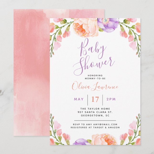 Watercolor Floral Baby Shower Invitation (Front/Back)