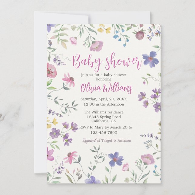 Watercolor floral Baby Shower Invitation (Front)