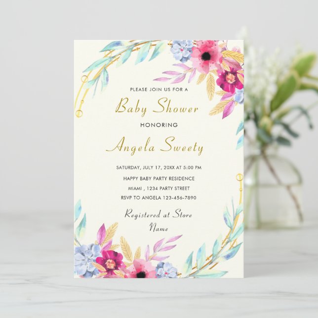 Watercolor Floral Baby Shower Invitation Example (Standing Front)