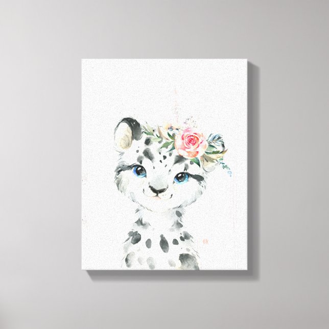 Watercolor Floral Baby Snow Leopard Canvas Print (Front)