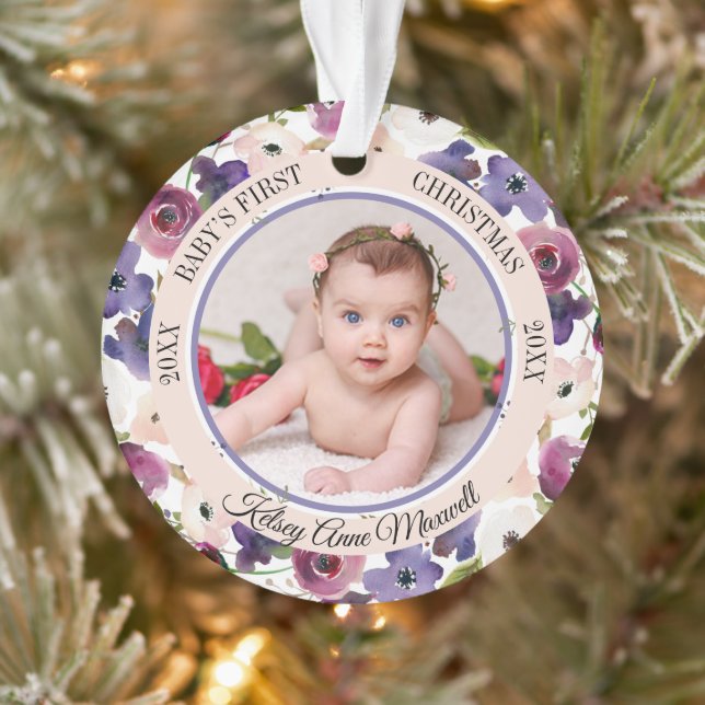 Watercolor Floral Baby's First Christmas Photo Ornament (Tree)
