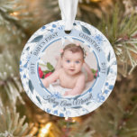 Watercolor Floral Baby's First Christmas Photo Ornament<br><div class="desc">A beautiful watercolor blue floral wreath surrounds your precious baby's photo in centre framed by a light blue outer and dusky blue inner circular ring and the text "Baby's First Christmas". Simply add your baby's name at the bottom and the year on the front sides and birth statistics on back....</div>