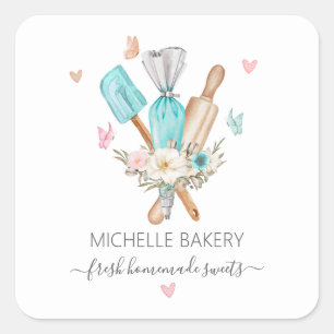 Watercolor Floral Baking utensils bakery Square Sticker