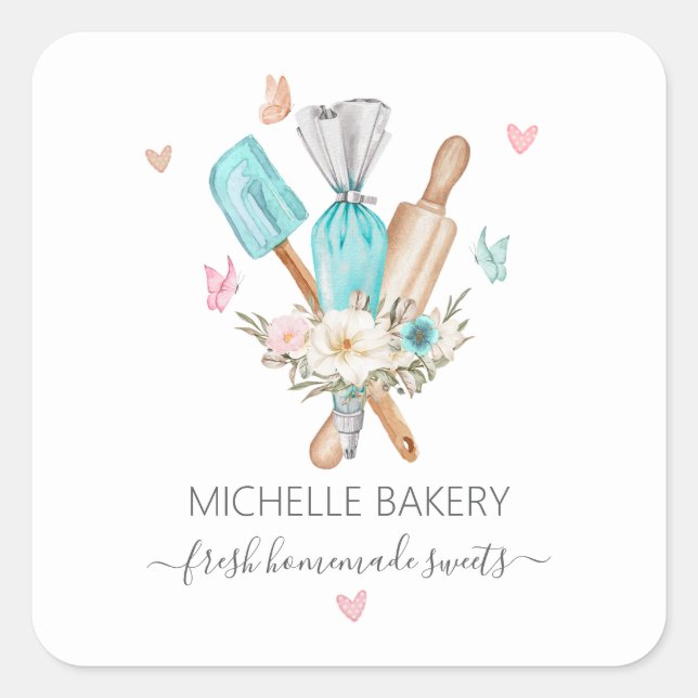 Watercolor Floral Baking utensils bakery Square Sticker (Front)