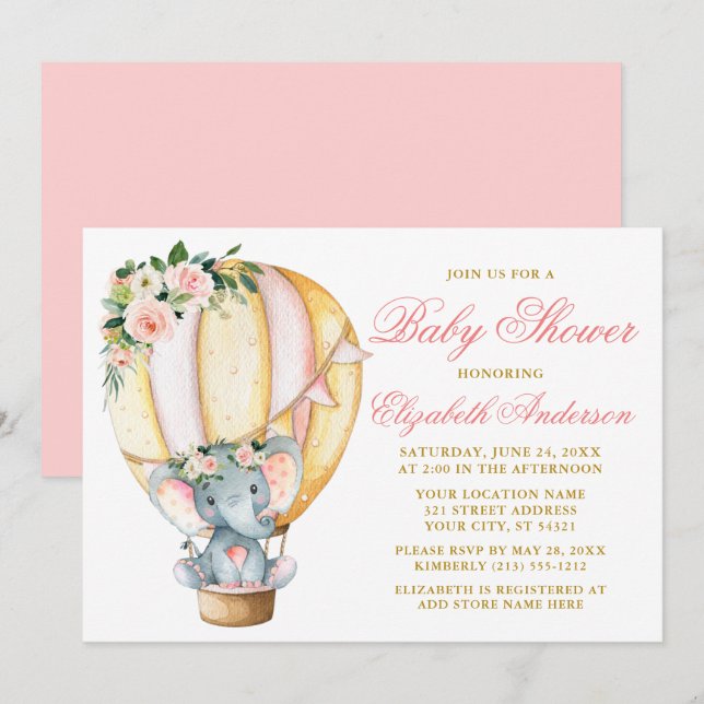 Watercolor Floral Balloon Baby Shower Elephant Invitation (Front/Back)
