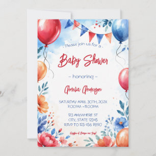Watercolor Floral Balloons Boy Girl Baby Shower Invitation