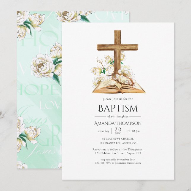 Watercolor Floral Baptism/ Christening/ Dedication Invitation (Front/Back)