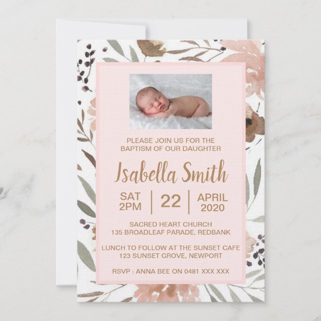 Watercolor floral Baptism / Christening Invitation (Front)