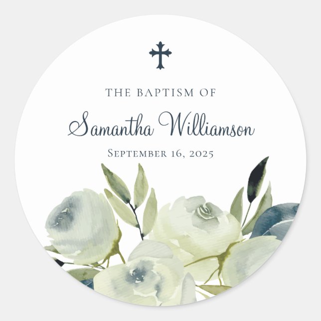 Watercolor Floral Baptism Classic Round Sticker (Front)