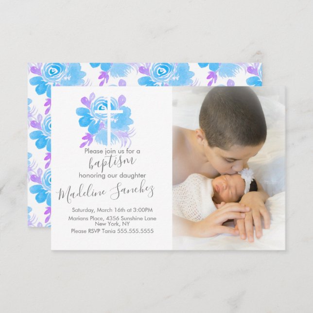 Watercolor Floral Baptism Cross Baby Dedication  Invitation (Front/Back)