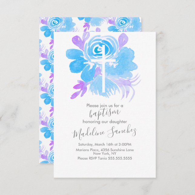 Watercolor Floral Baptism Cross Blue Invitation (Front/Back)