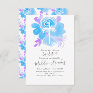 Watercolor Floral Baptism Cross Blue Invitation