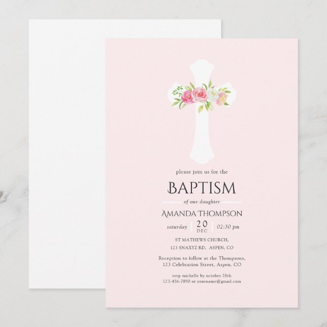 Watercolor Floral Baptism or Christening Invitation (Front/Back)