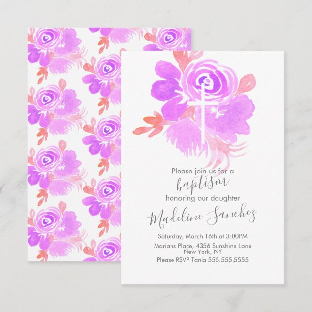 Watercolor Floral Baptism Purple Baby Dedication   Invitation (Front/Back)
