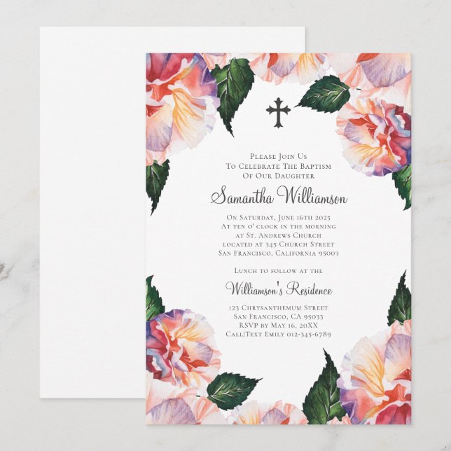 Watercolor Floral Baptismal Invitation (Front/Back)