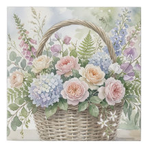 Watercolor Floral Basket with Roses and Hydrangeas