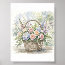 Watercolor Floral Basket with Roses and Hydrangeas