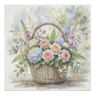 Watercolor Floral Basket with Roses and Hydrangeas Poster