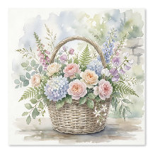 Watercolor Floral Basket with Roses and Hydrangeas