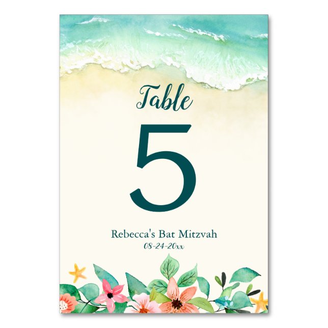 Watercolor Floral Beach Bat Mitzvah Table Number (Front)