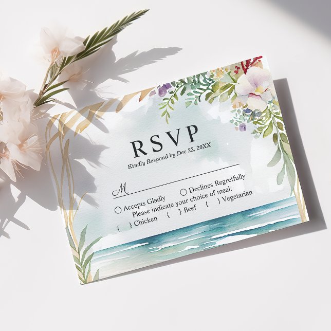 Watercolor Floral Beach Summer Wedding RSVP Card (Creator Uploaded)