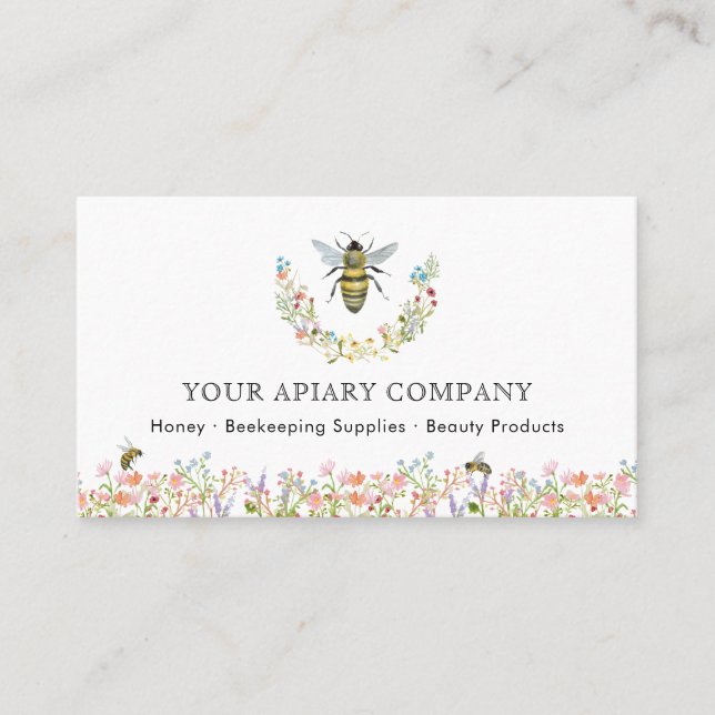 Watercolor Floral Bee Apiary Business Card (Front)