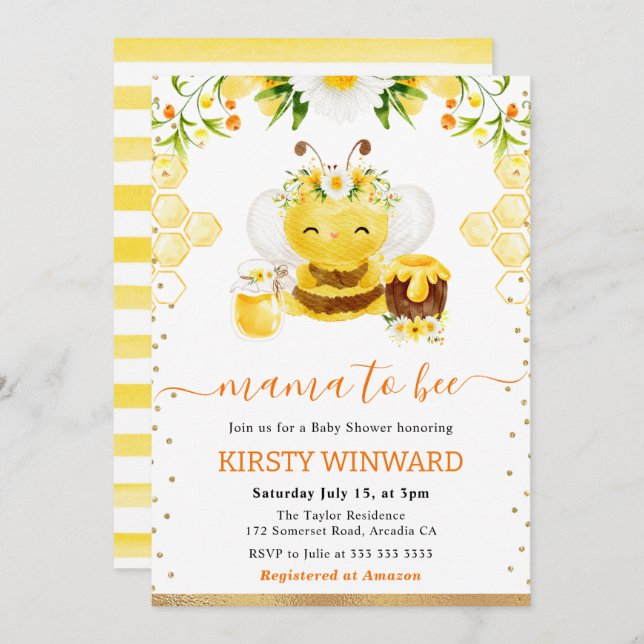 Watercolor Floral Bee Baby Shower Invitation (Front/Back)