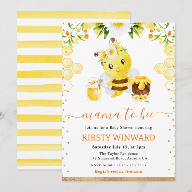Watercolor Floral Bee Baby Shower Invitation (Front/Back)