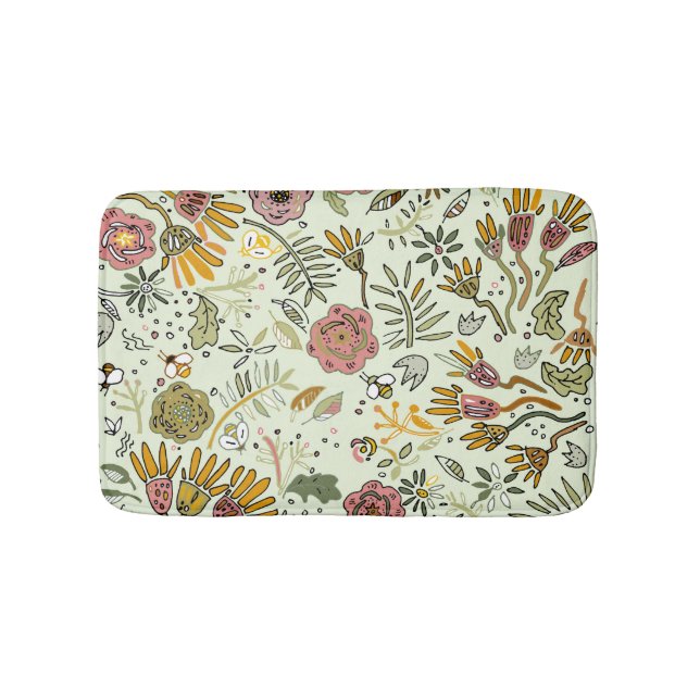 Watercolor Floral Bee Flowers Elegant Modern Bath Mat (Front)