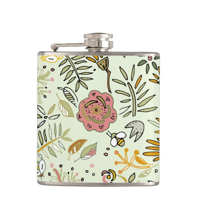 Watercolor Floral Bee Flowers Elegant Modern Hip Flask (Front)