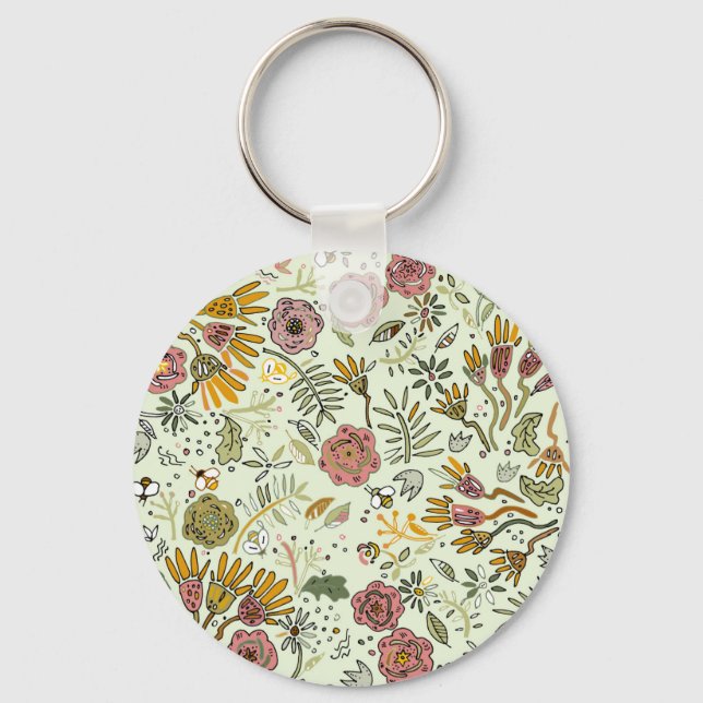 Watercolor Floral Bee Flowers Elegant Modern Key Ring (Front)
