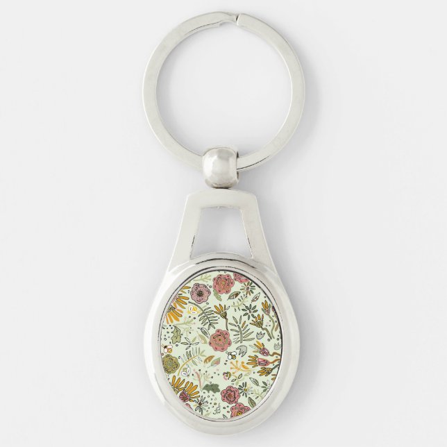 Watercolor Floral Bee Flowers Elegant Modern Key Ring (Front)