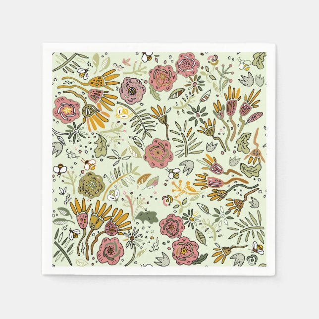 Watercolor Floral Bee Flowers Elegant Modern Napkin (Front)